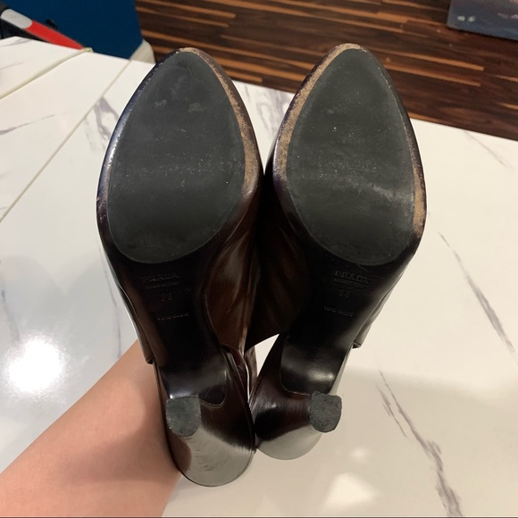 PRADA VERO CUOIO Brown Burgundy Leather Platform Pumps High Heels 38 - Picture 13 of 16